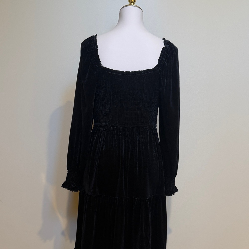 ZESICA Black Smocked Midi Dress Long Sleeve Square Neck Tiered Cottagecore - Picture 5 of 7